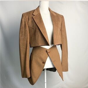 Tan Cropped Blazer Skirt Set